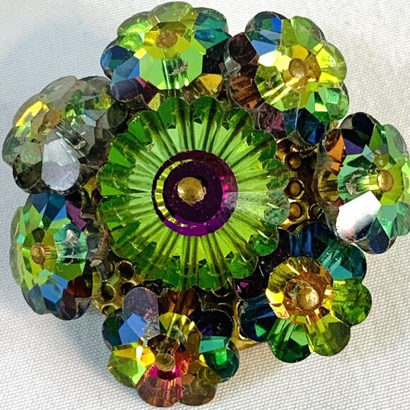 Vtg Watermelon Rivoli Purple Green AB Crystal Flower Cut Bead Cluster Brooch Pin - Picture 5 of 6